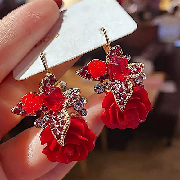 Rhinestone Rose Drop Flower Earrings - Picture 5 of 8